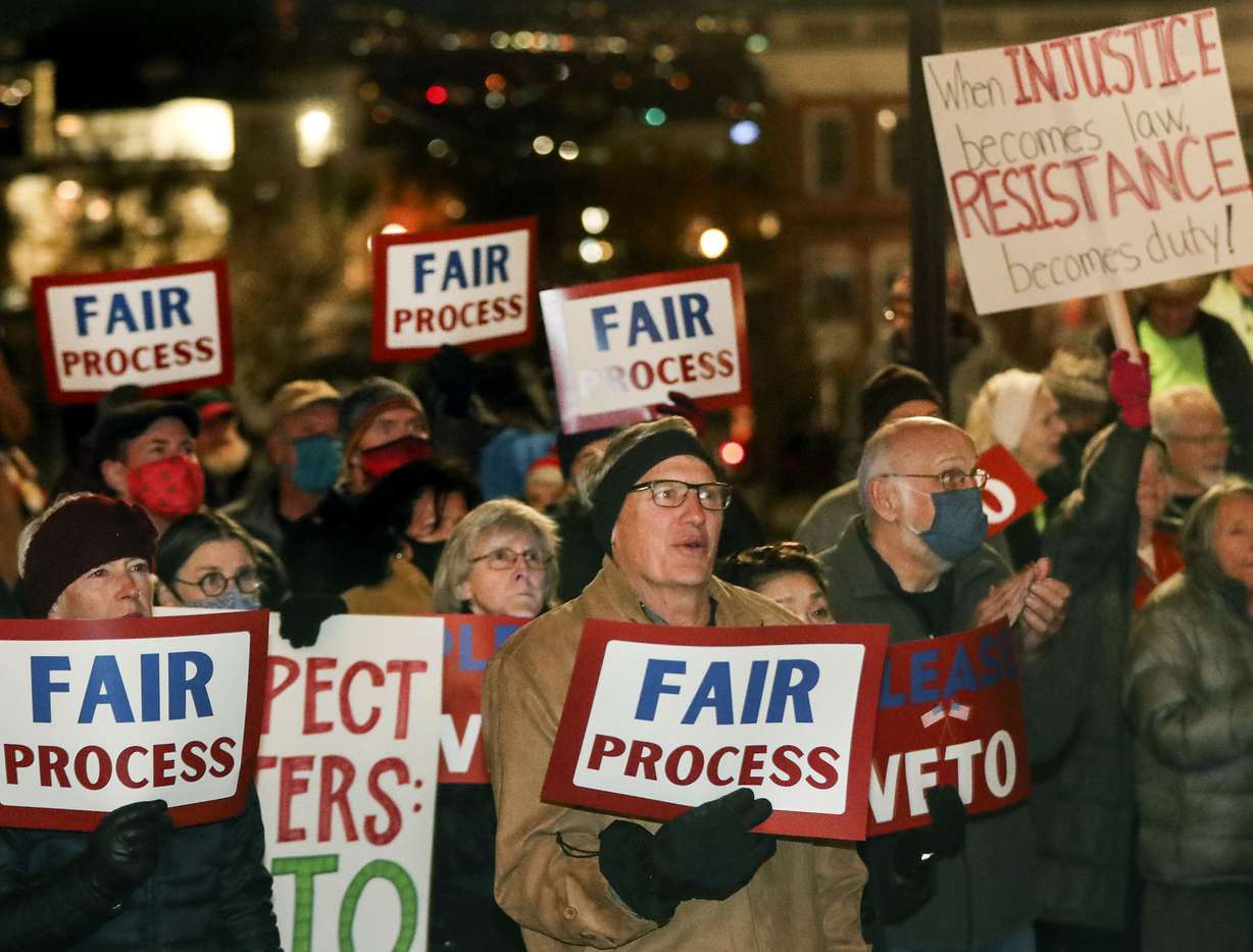Utahns rally in opposition to the proposed congressional district maps at the Capitol in Salt Lake City on Wednesday. The map slices Utah’s capital, the Democratic stronghold of Salt Lake City, and dissects areas like Sugar House, Millcreek, Murray and Holladay into four congressional districts.