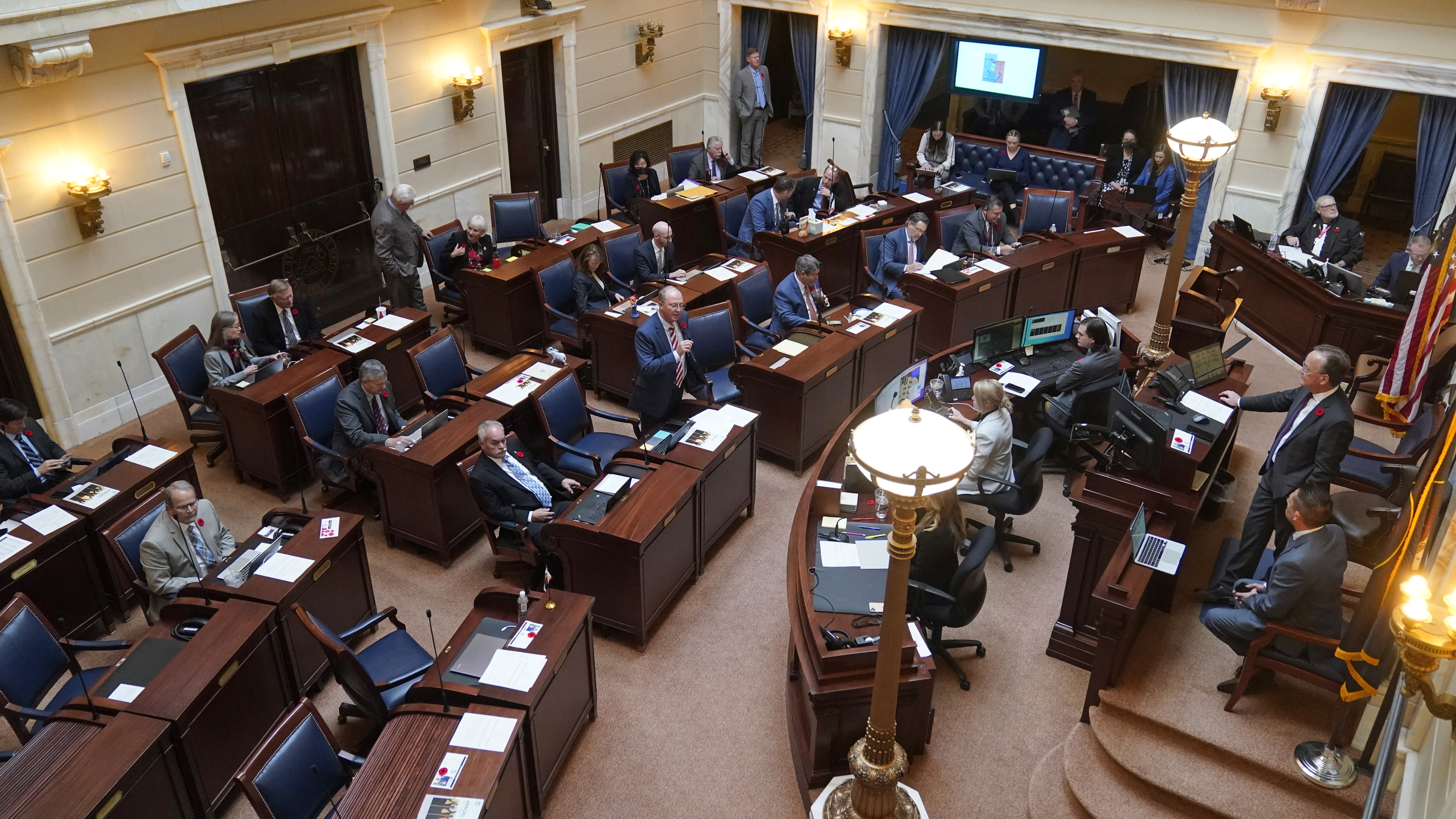 Utah Senate floor is shown Nov. 10, at the Utah State Capitol, in Salt Lake City. The Republican-controlled Utah Legislature approved new a congressional map that further carves up Democratic-leaning Salt Lake County and largely ignores the work of an independent redistricting commission approved by voters. Gov. Spencer Cox signed off on the GOP map.