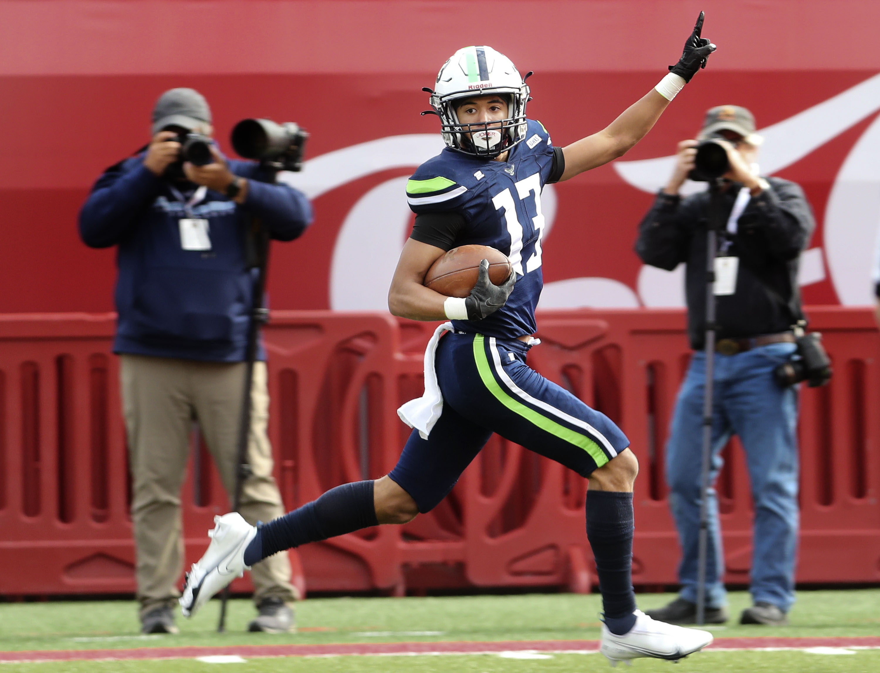 Ridgeline wide receiver Braylon Majors scores a touchdown against Dixie in the 4A championship game at Rice Eccles Stadium in Salt Lake City on Friday, Nov. 12, 2021.