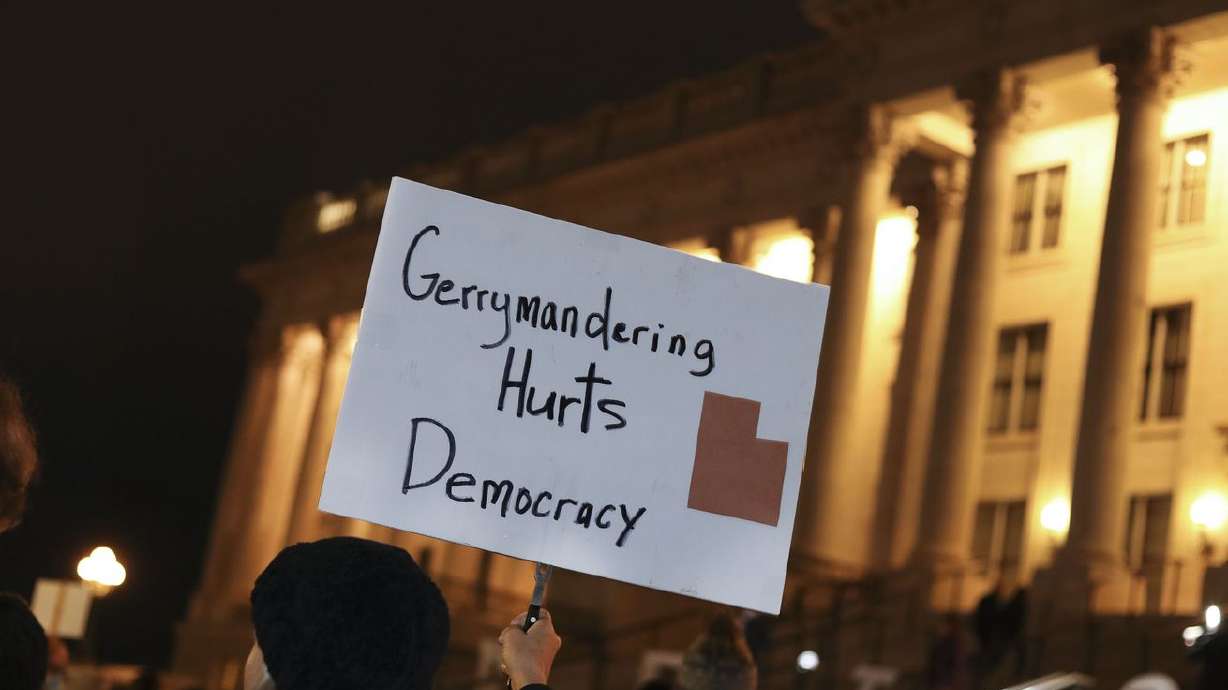 Utahns rally in opposition to the proposed
congressional district maps at the Capitol in Salt Lake City on Nov. 10. The map slices Utah’s capital, the
Democratic stronghold of Salt Lake City, and dissects areas like
Sugar House, Millcreek, Murray and Holladay into four congressional
districts.