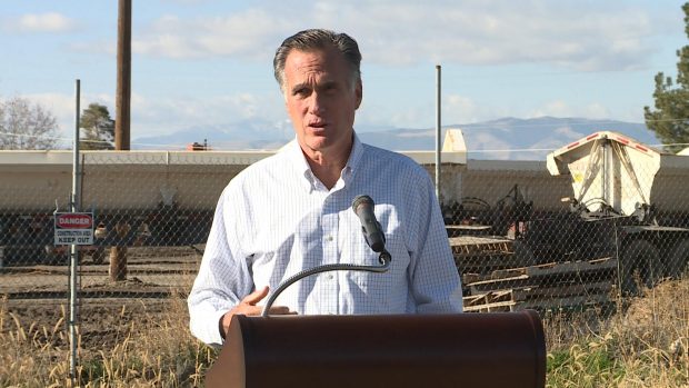 Sen. Mitt Romney, R-Utah, speaks Friday after touring the Central Utah Project in Spanish Fork.