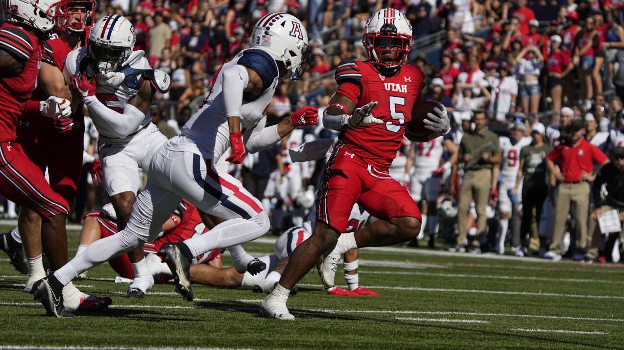 Utah running back TJ Pledger (5) in the first half during an NCAA college football game against Arizona, Saturday, Nov. 13, 2021, in Tucson, Ariz.