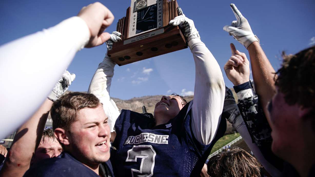Duchesne players celebrate their win against Layton Christian in the 1A football championship game on Saturday, Nov. 13, 2021 at Stewart Stadium in Ogden.