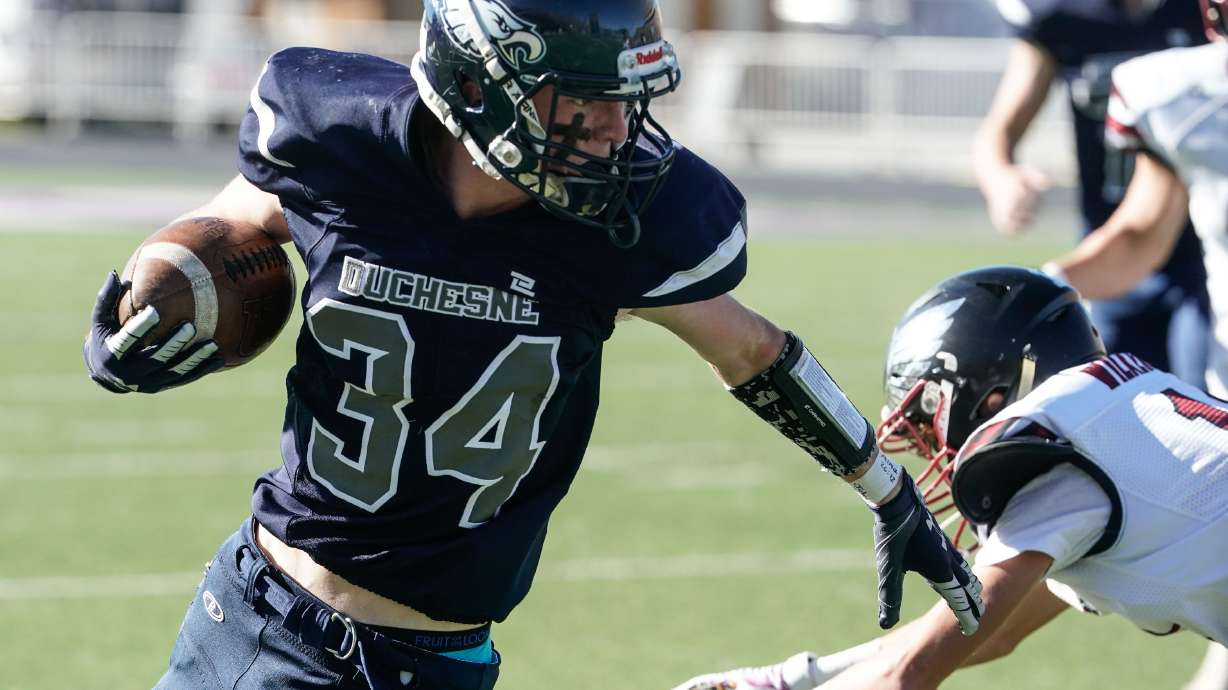 Duchesne’s Ethan Park runs with the ball against Layton Christian as they compete in the 1A football championship game on Saturday, Nov. 13, 2021 at Stewart Stadium in Ogden.