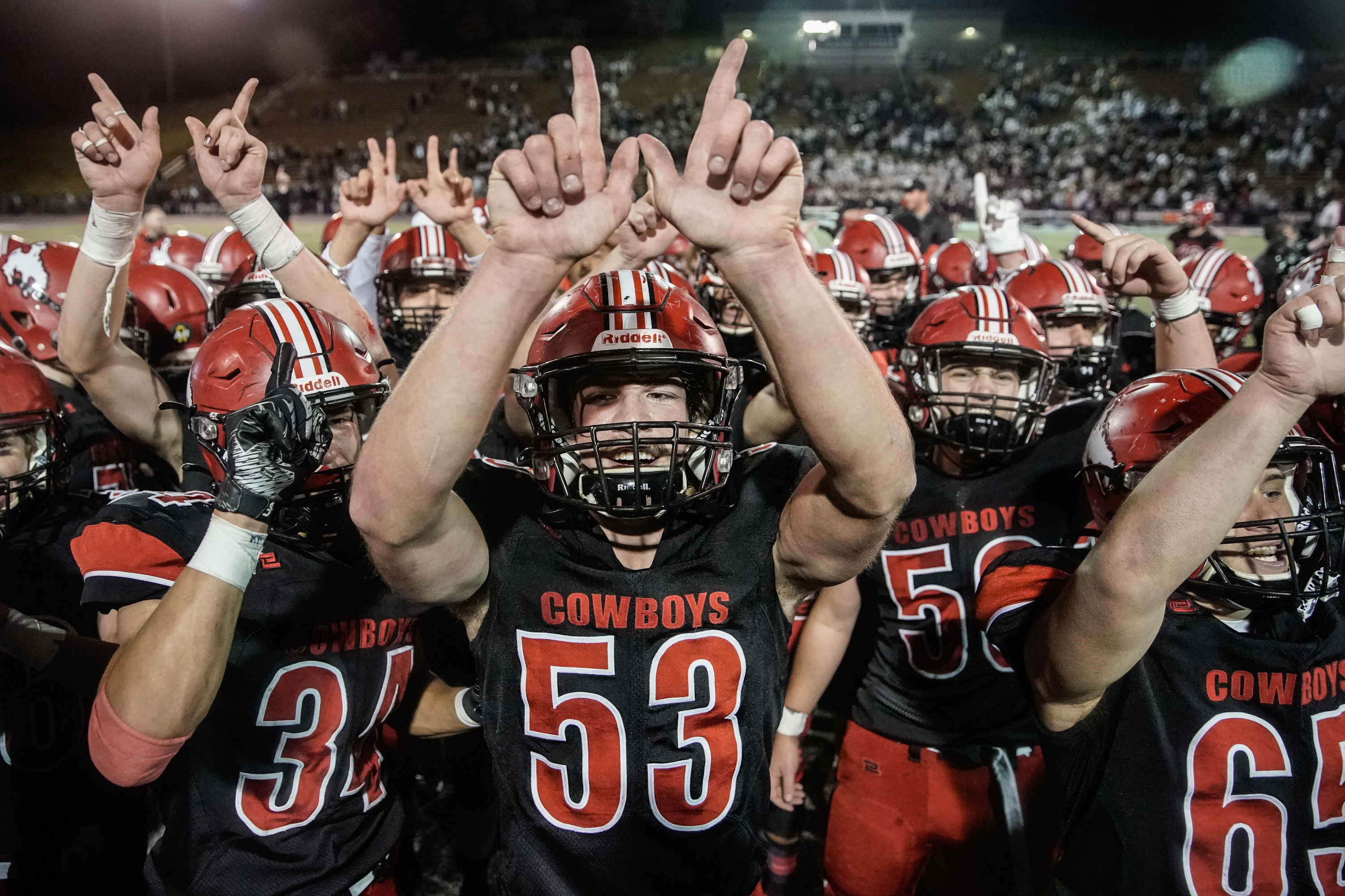 Grantsville high players celebrate their win against Morgan in the 3A football championship game on Saturday, Nov. 13, 2021 at Stewart Stadium in Ogden.