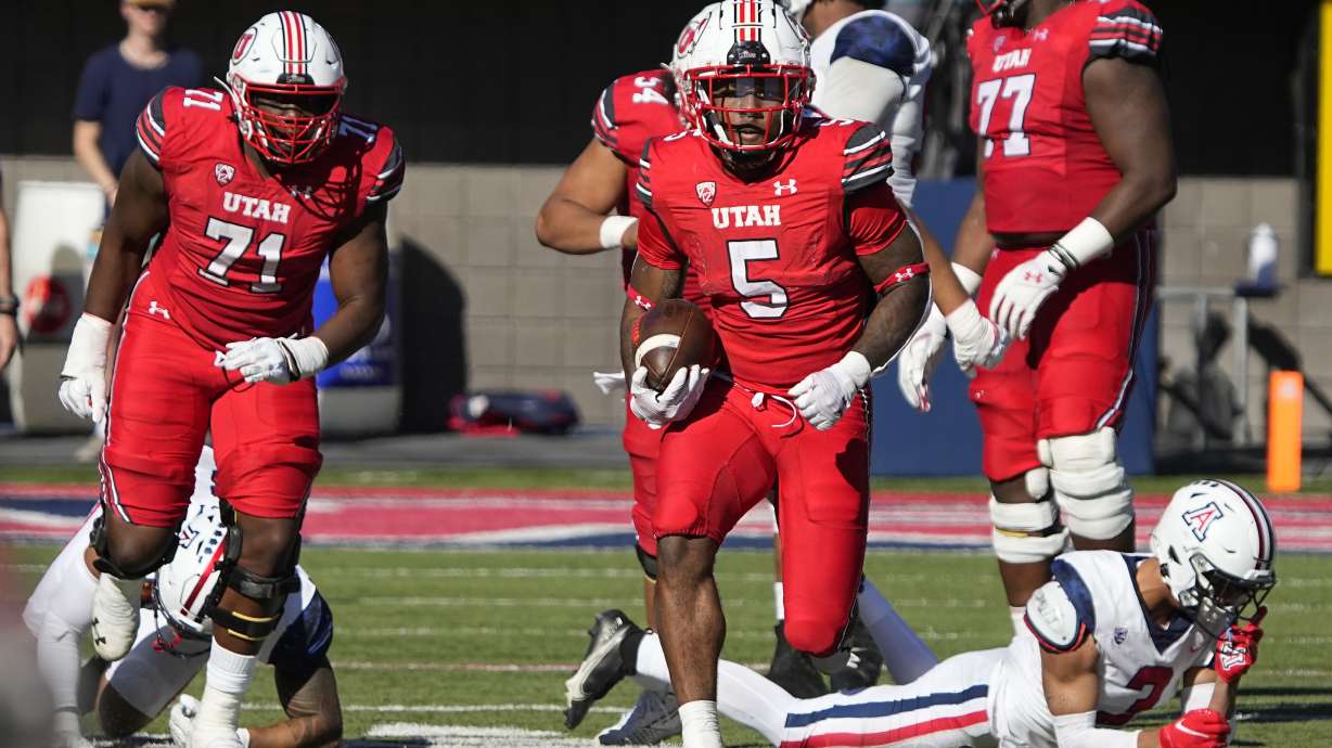 Utah running back TJ Pledger (5) in the first half during an NCAA college football game against Arizona, Saturday, Nov. 13, 2021, in Tucson, Ariz.