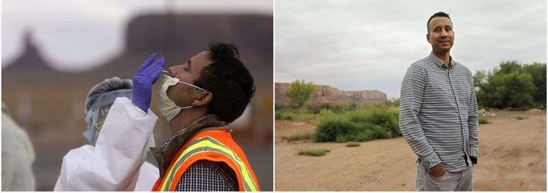 On the left, Byron Clarke, Utah Navajo Health System chief operations officer, gets tested for COVID-19 outside of the Monument Valley Health Center in in Oljato-Monument Valley, San Juan County, on Thursday, April 16, 2020. On the right, as COVID-19 cases and deaths have dropped significantly 18 months later, Clarke poses for a portrait in Bluff, San Juan County, on Thursday, Sept. 30, 2021.