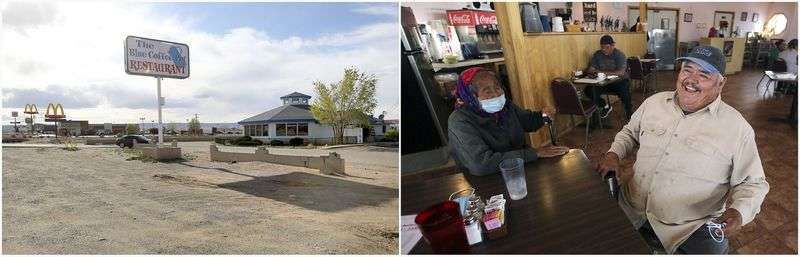 On the left, the Blue Coffee Pot Restaurant parking lot is empty as the restaurant is closed due to COVID-19 in Kayenta, Ariz., on the Navajo Nation on Friday, April 17, 2020. On the right, 18 months later, the restaurant is operating at half capacity as Rose Salt, 93, and her son, Ronald Salt, come in for breakfast on Thursday, Sept. 30, 2021.
