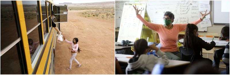 On the left, Cara Luna, a Tse’bii’nidzisgai Elementary
School fourth grade teacher, hands a bag of food to Alexus Bedonie
from a school bus in Oljato-Monument Valley, San Juan County, on April 30, 2020. While schools were closed due to
COVID-19, buses delivered homework and food to students two days a
week. On the right, classrooms are full again 18 months later as
Jody Lee-Chadde teaches fourth grade at the school on
Sept. 30.