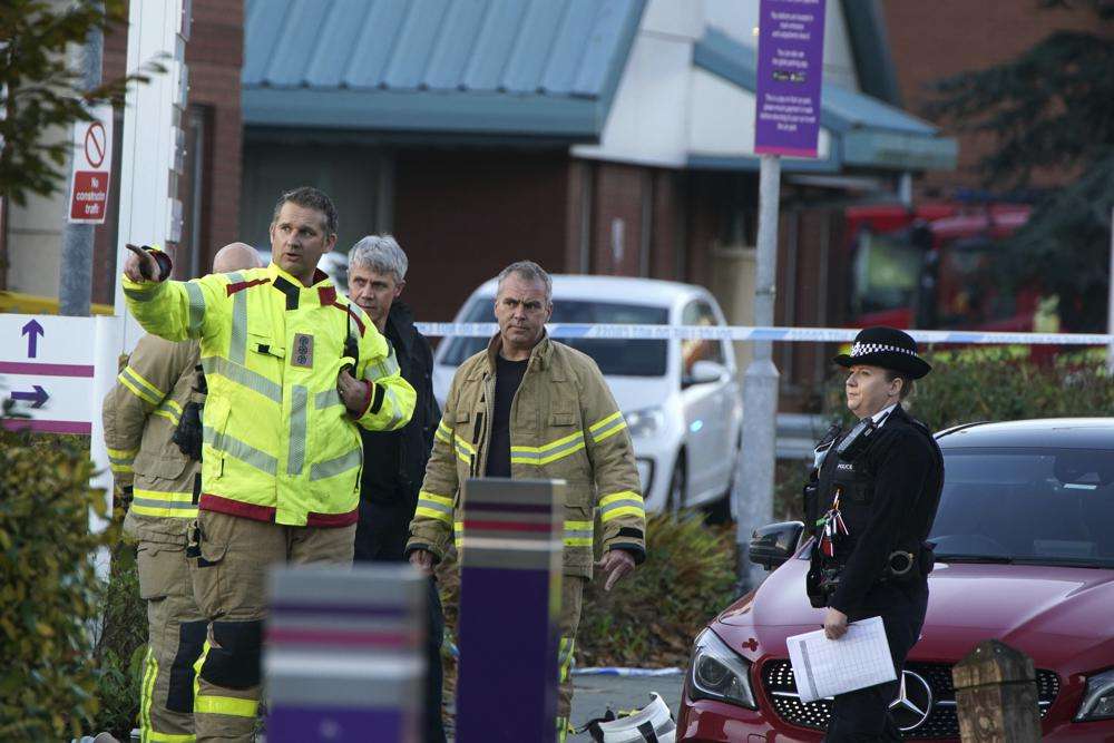 Emergency services outside Liverpool Women's Hospital in Liverpool, England, Sunday. Counter-terrorism police in Britain are investigating an explosion at a hospital Sunday in the city of Liverpool that killed one person and injured another. Police were called to reports of a blast involving a taxi that pulled up at Liverpool Women’s Hospital shortly before the explosion took place Sunday morning.