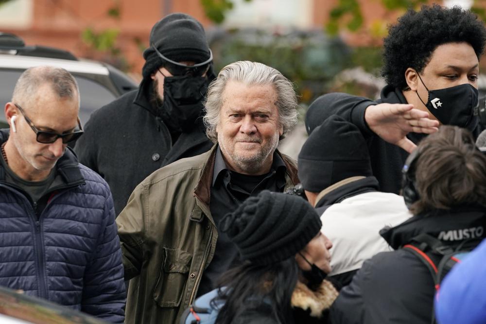 Former White House strategist Steve Bannon arrives at the FBI Washington Field Office, Monday, in Washington. Bannon, a longtime ally of former President Donald Trump, surrendered to federal authorities on Monday to face contempt charges after defying a subpoena from a House committee investigating January’s insurrection at the U.S. Capitol.
