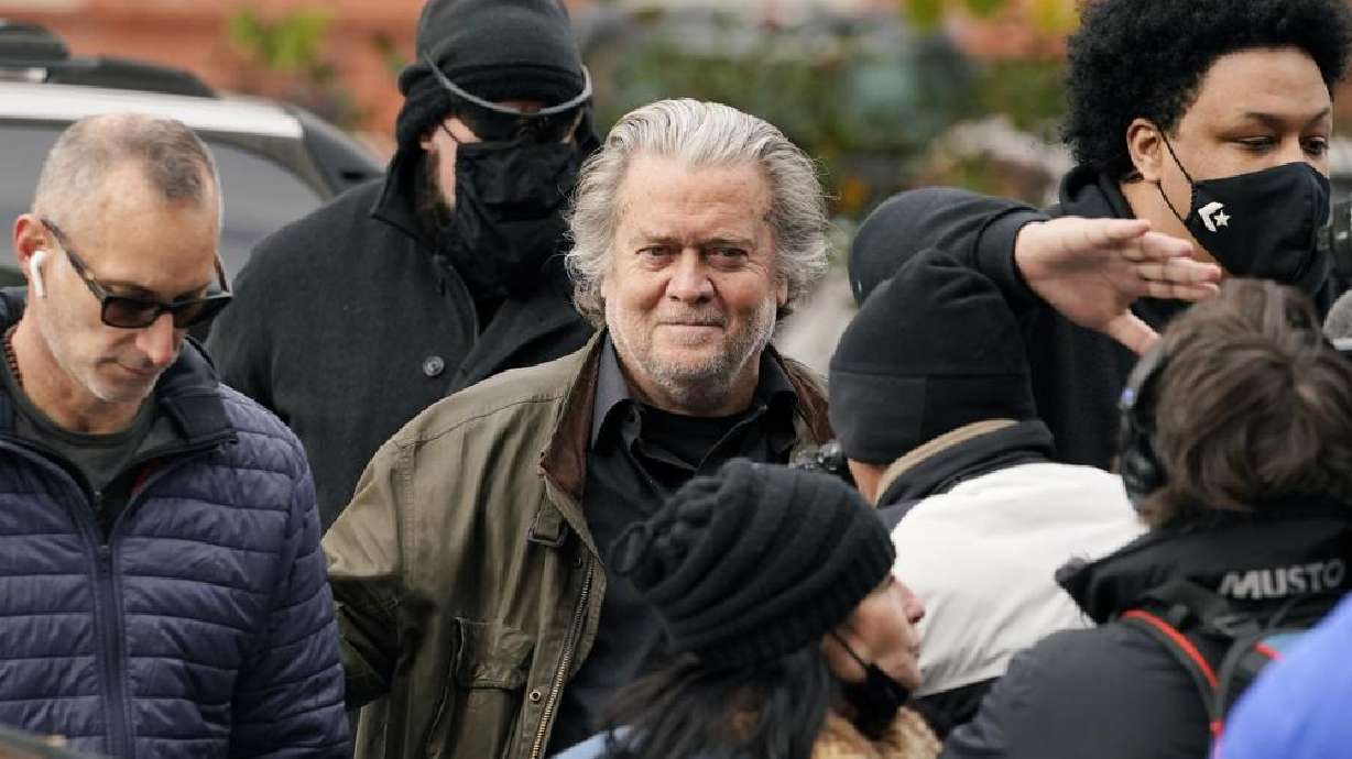 Former White House strategist Steve Bannon arrives at the FBI Washington Field Office, Monday, in Washington. Bannon, a longtime ally of former President Donald Trump, surrendered to federal authorities on Monday to face contempt charges after defying a subpoena from a House committee investigating January’s insurrection at the U.S. Capitol.