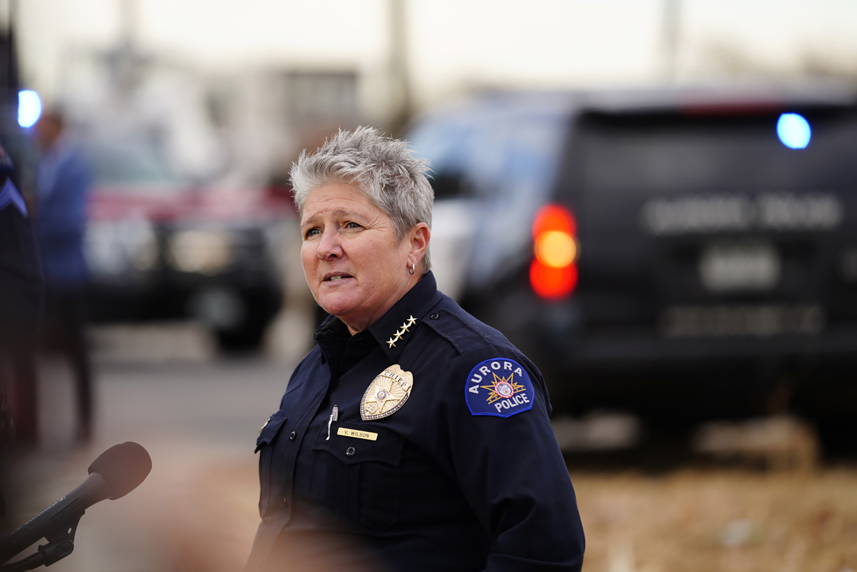 Aurora Police Department Chief Vanessa Wilson speaks to reporters near the scene of a drive-by shooting that left six teenagers injured Monday, Nov. 15, 2021, in Aurora, Colo.