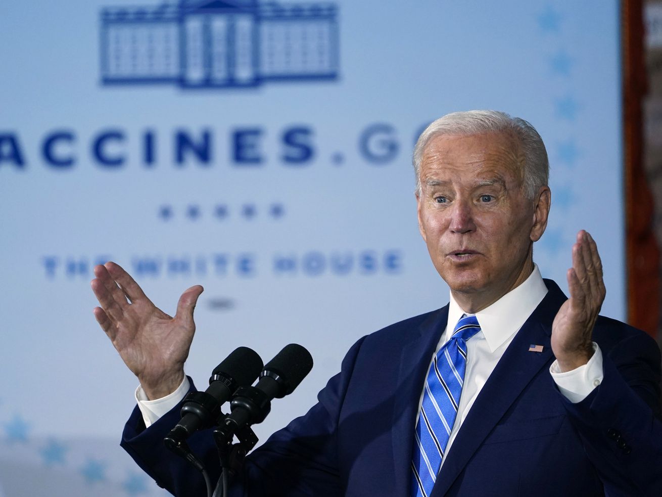 President Joe Biden speaks about COVID-19 vaccinations
after touring a Clayco Corp. construction site in Elk Grove
Village, Illinois, on Oct. 7.