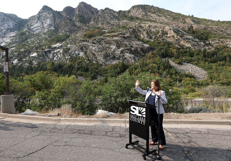 Salt Lake County Mayor Jenny Wilson voices her
opposition to a Utah Department of Transportation proposal to
reduce traffic in Little Cottonwood Canyon by building a gondola
during press conference at the mouth of the canyon in Sandy on Sept. 1.