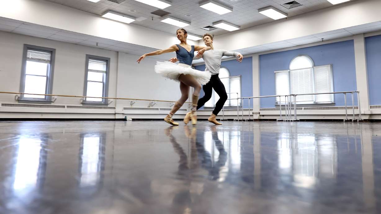 Ballet West principal artist Jenna Rae Herrera, left, and soloist Jordan Veit rehearse for “The Nutcracker” in Salt Lake City on Tuesday. “The Nutcracker” will run for 23 matinee and evening performances from Dec. 4 through Dec. 26 at the Capitol Theatre. It will also run Friday, Nov. 26, and Saturday, Nov. 27, in Ogden.