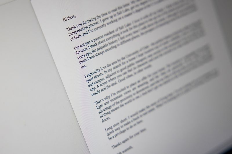 Leo Masic shows the cover letter he wrote to the prior
owner of his condo while trying to purchase it in Salt Lake City on Oct. 22.