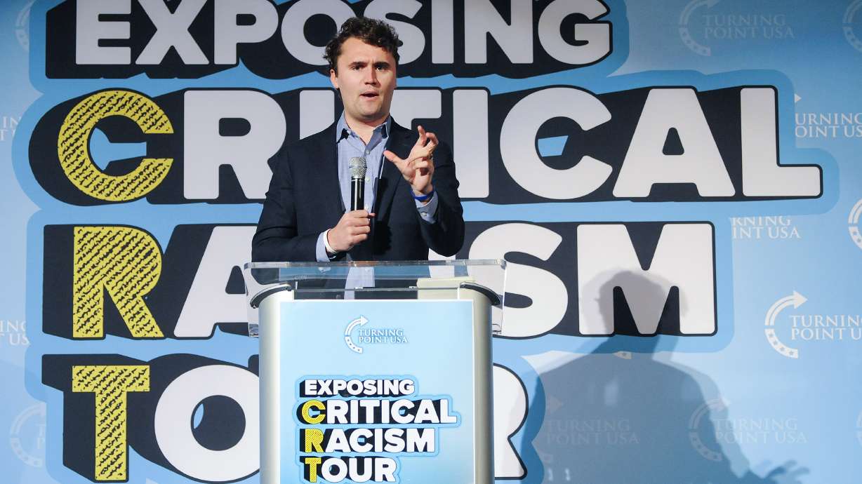 Turning Point USA founder Charlie Kirk speaks at the “Exposing Critical Racism Theory” tour on Oct. 5, 2021, in Mankato, Minnesota. Kirk endorsed Trent Staggs for Senate at a campaign event Tuesday.