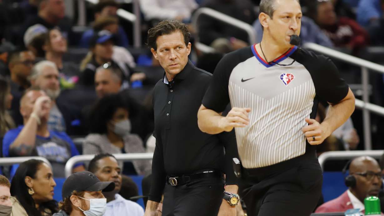 Utah Jazz coach Quin Snyder watches during the first half of an NBA basketball game against the Orlando Magic, Sunday, Nov. 7, 2021, in Orlando, Fla.