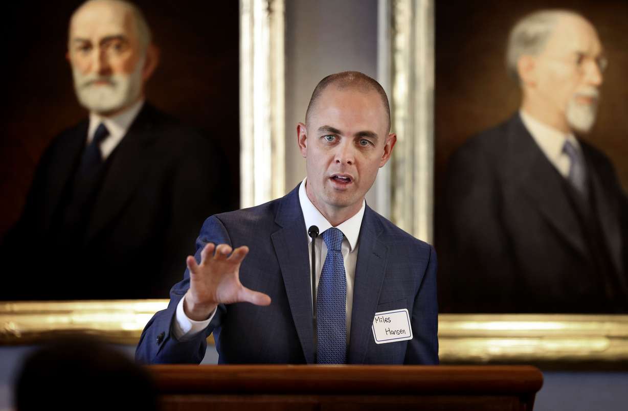 Miles Hansen, president and CEO of World Trade Center Utah, speaks at the Zions Bank Building in Salt Lake City on Wednesday.