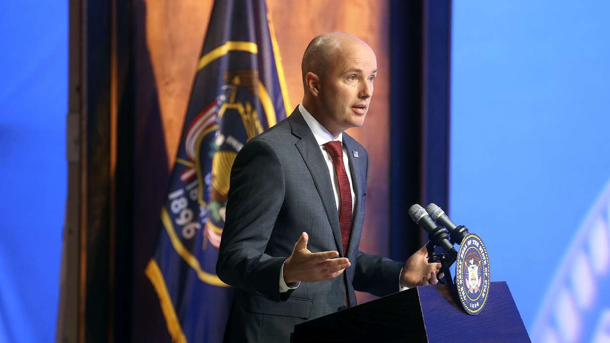Gov. Spencer Cox speaks at his monthly news conference at the Eccles Broadcast Center in Salt Lake City on Thursday. The governor said Utahns should "take a deep breath" before pushing to ban books in schools.