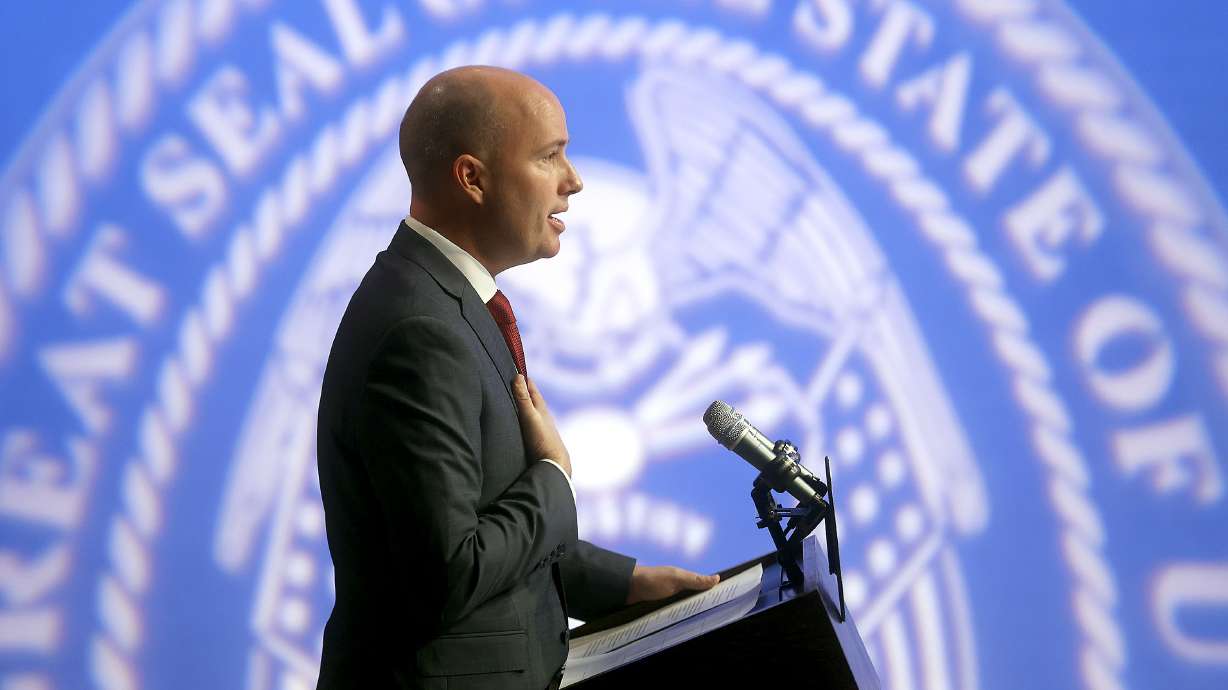 Gov. Spencer Cox speaks at his monthly news conference at the Eccles Broadcast Center in Salt Lake City on Thursday.