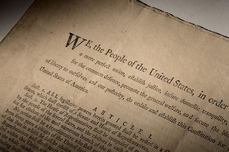 An extremely rare official first-edition printed copy of the U.S. Constitution as adopted by delegates to the Constitutional Convention in Philadelphia in 1787, which was auctioned off in mid-November 2021 by Sotheby’s in New York, is seen in this handout image.