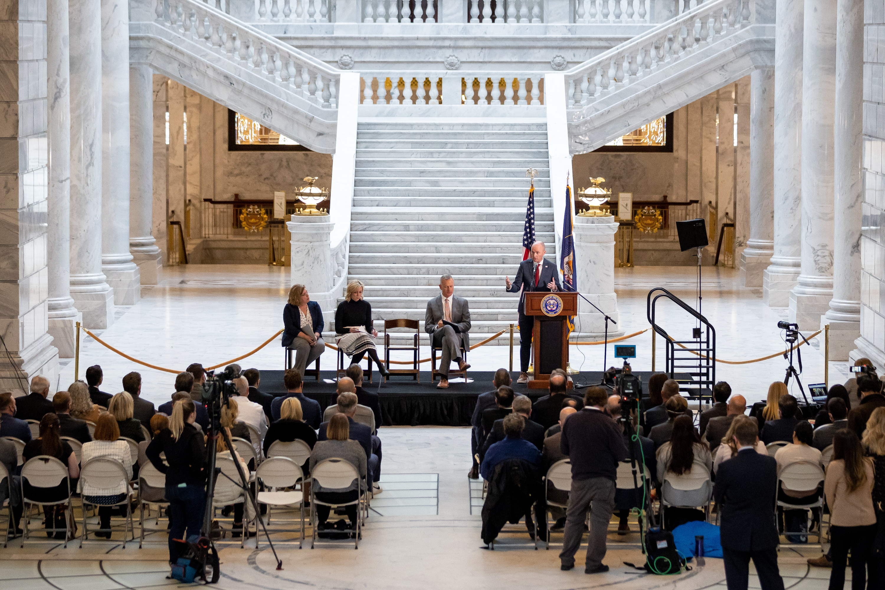 Gov. Spencer Cox speaks about a new health care initiative at the Capitol in Salt Lake City on Nov. 18, 2021. Cox said on Thursday the One Utah Health Collaborative is a "heavy, heavy lift." but he is feeling good about the direction it is moving.