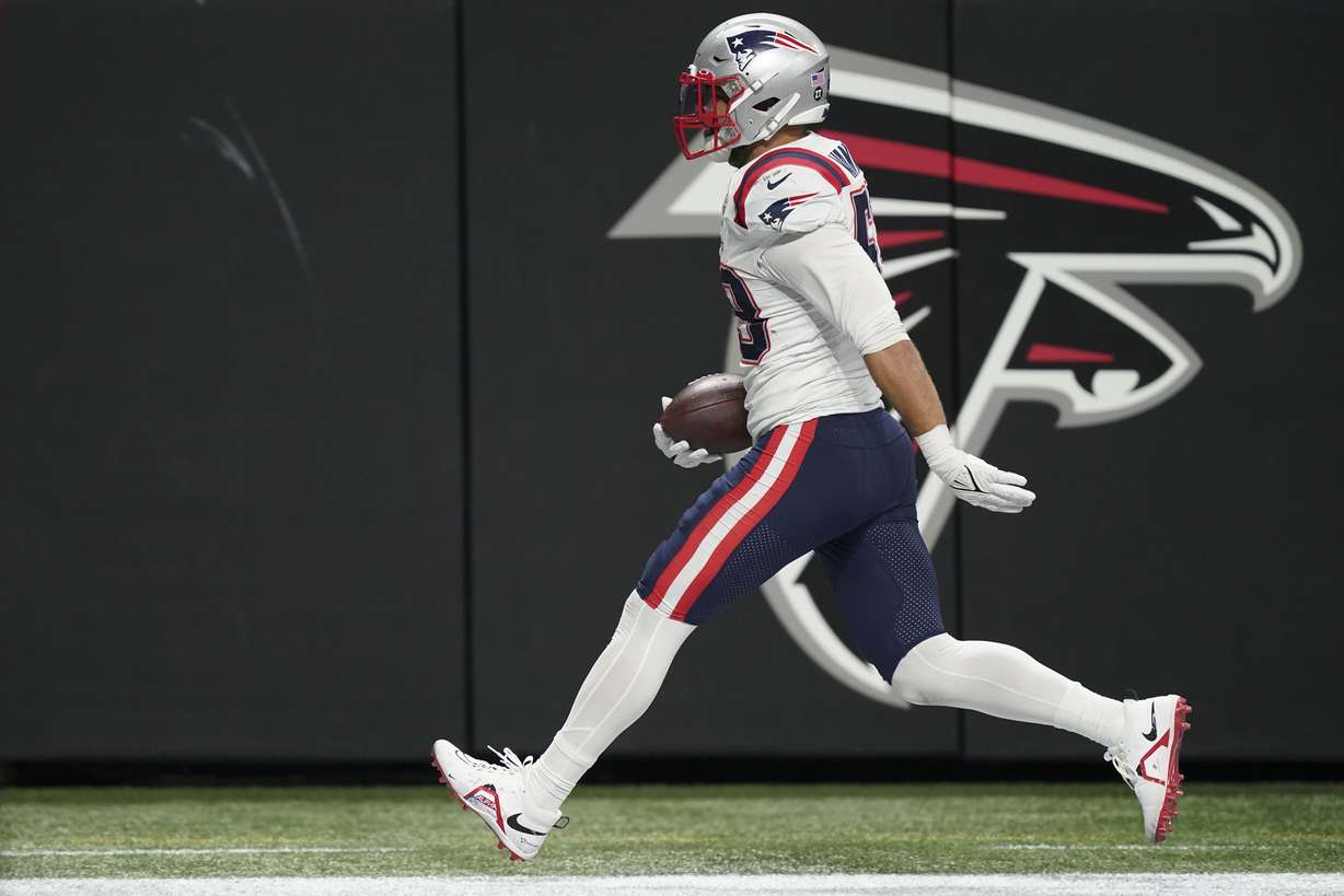 New England Patriots middle linebacker Kyle Van Noy (53) runs into the end zone after an interception for a touchdown against the Atlanta Falcons during the second half of an NFL football game, Thursday, Nov. 18, 2021, in Atlanta.