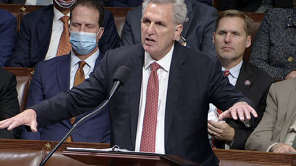 In this image from House Television, House Minority
Leader Kevin McCarthy of Calif., speaks on the House floor during
debate on the Democrats’ expansive social and environmental bill at
the U.S. Capitol on Thursday, in Washington.