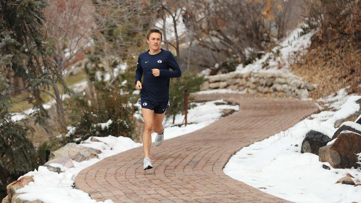 BYU distance runner Conner Mantz runs on campus in Provo on Friday, Feb. 19, 2021.