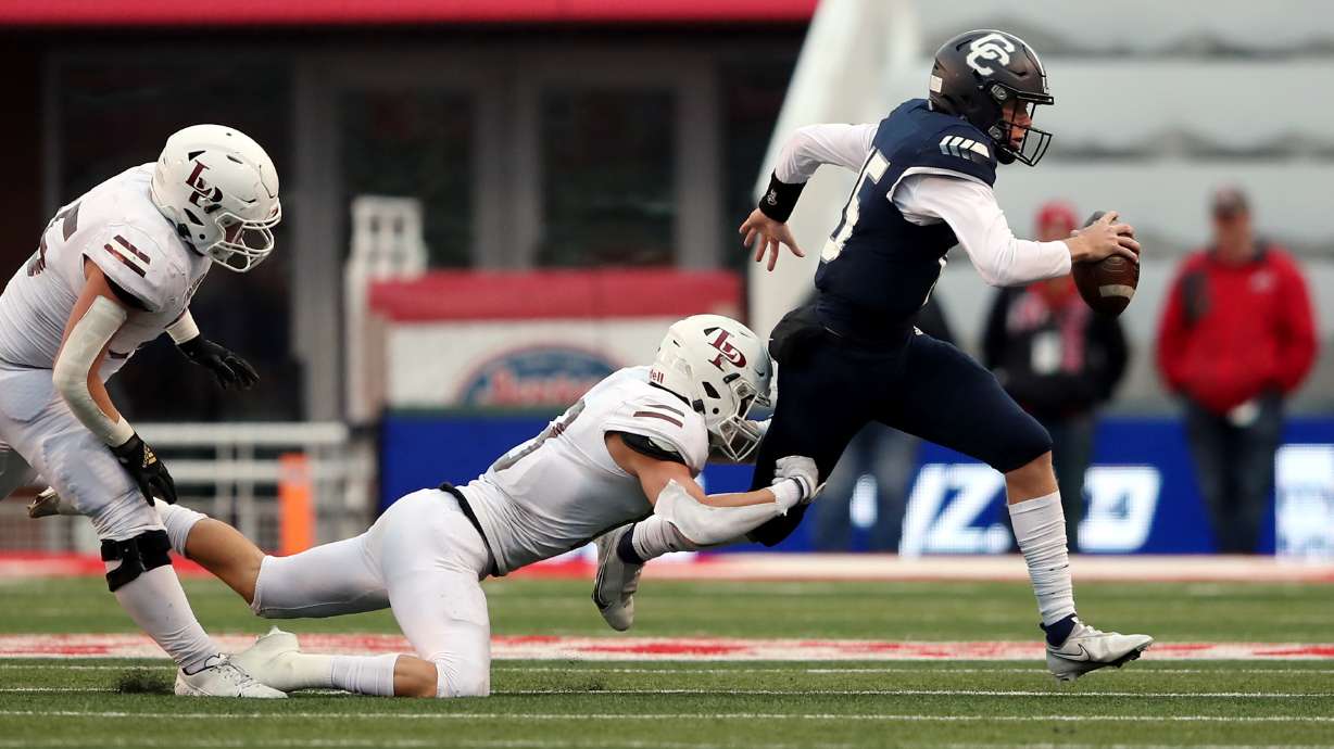 Lone Peak and Corner Canyon play for the 6A football championship at Rice Eccles Stadium in Salt Lake City on Friday, Nov. 19, 2021.