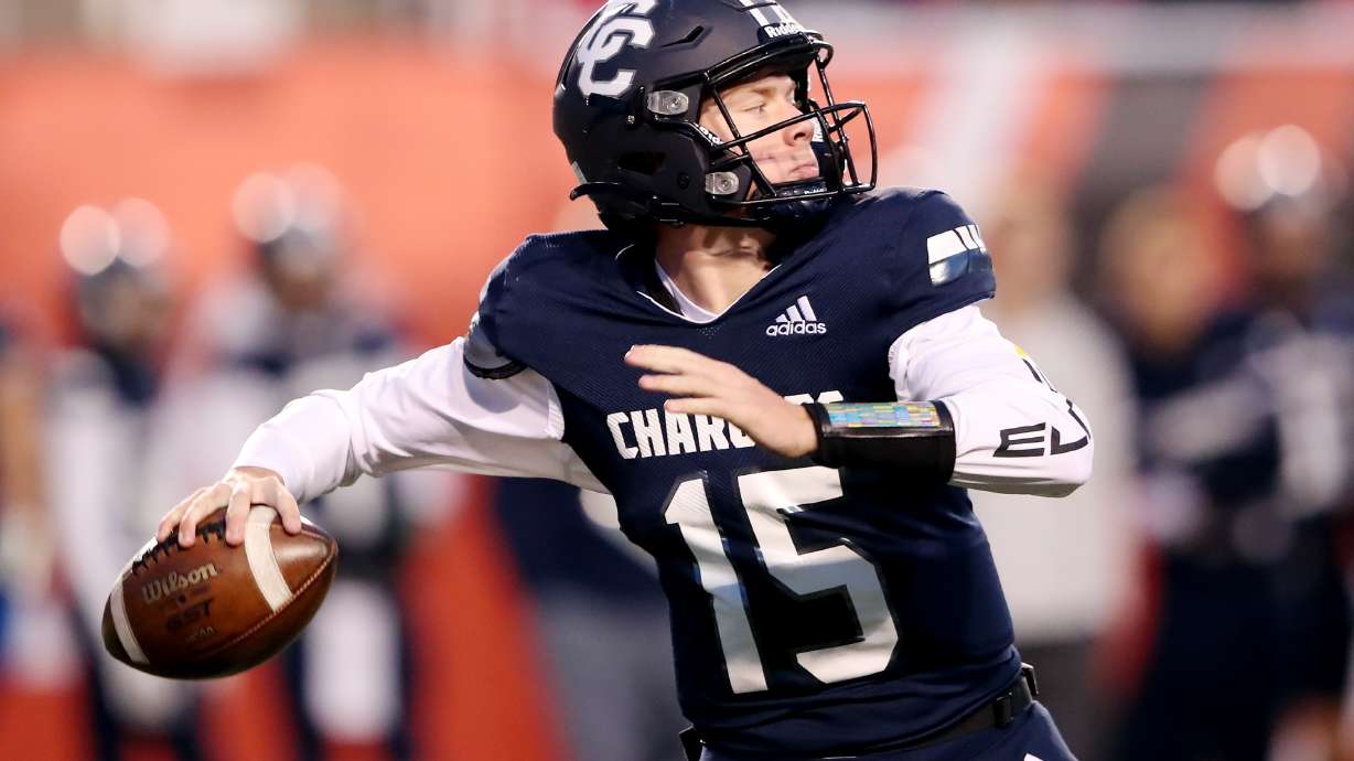 Lone Peak and Corner Canyon play for the 6A football championship at Rice Eccles Stadium in Salt Lake City on Friday, Nov. 19, 2021. Lone Peak won 49-42.