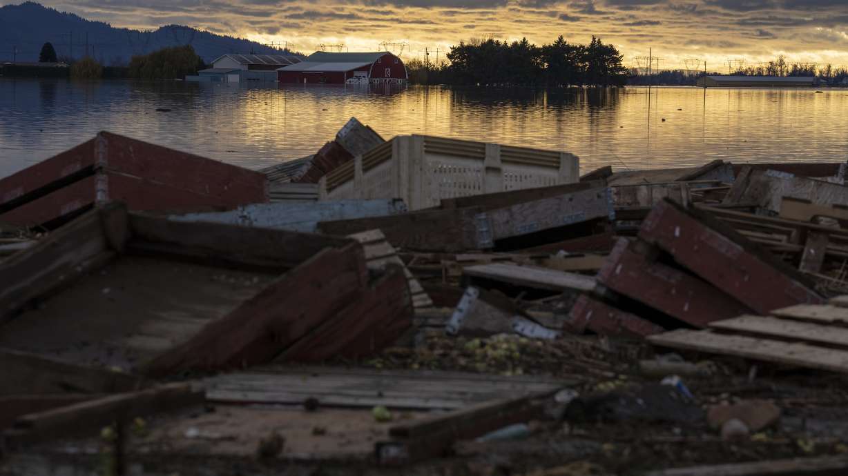 Debris is piled up as farms are surrounded by floodwaters caused by heavy rains and mudslides in Abbotsford, British Columbia on Friday.