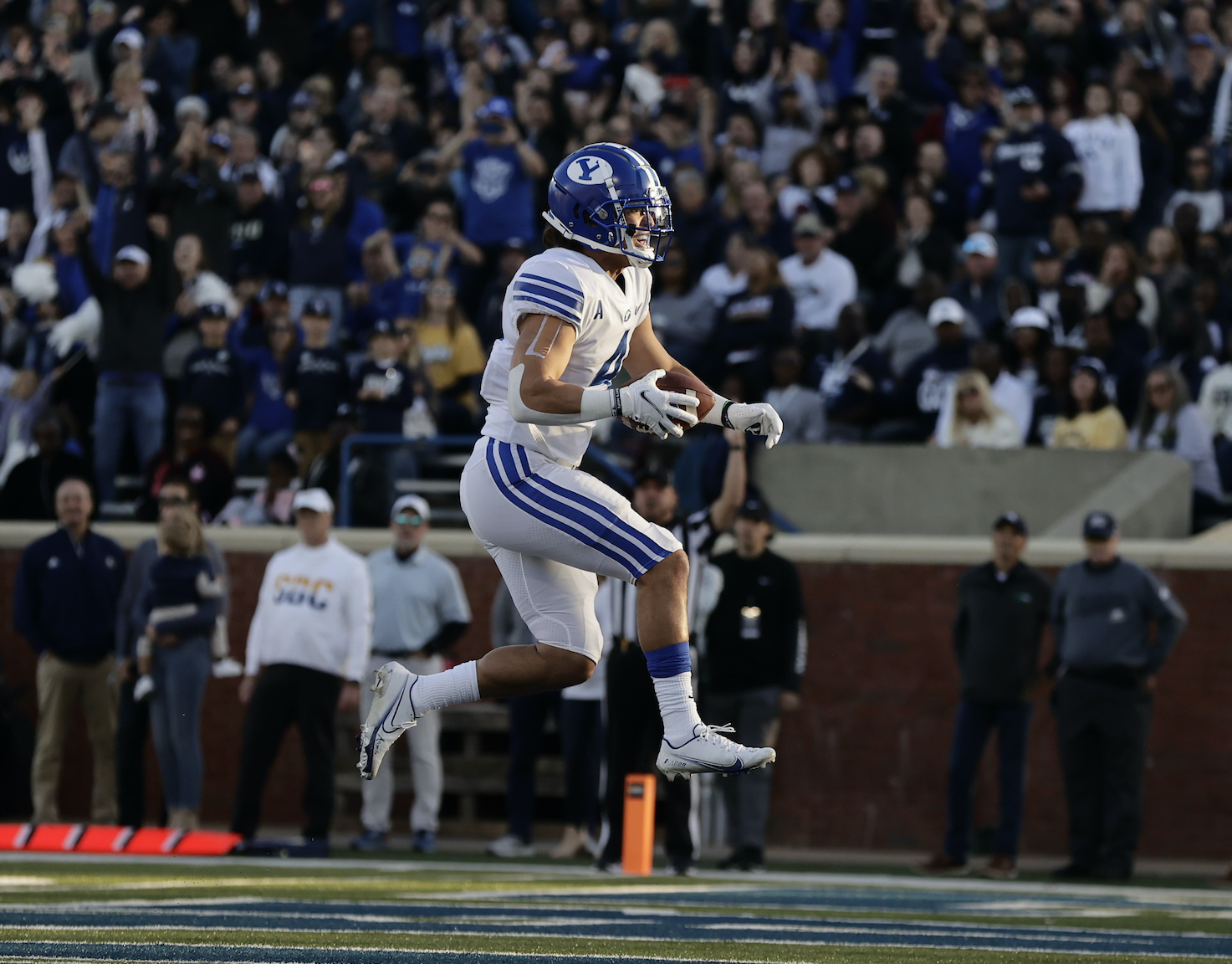BYU running back Lopini Katoa celebrates a touchdown during the Cougars' road game at Georgia Southern, Saturday, Nov. 20, 2021 in Statesboro, Ga.