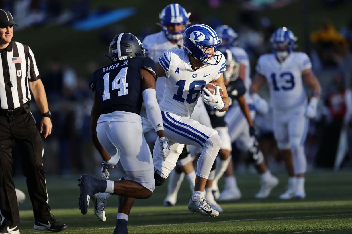 BYU wide receiver Gunner Romney runs with the ball during the Cougars' road game at Georgia Southern, Saturday, Nov. 20, 2021 in Statesboro, Ga.