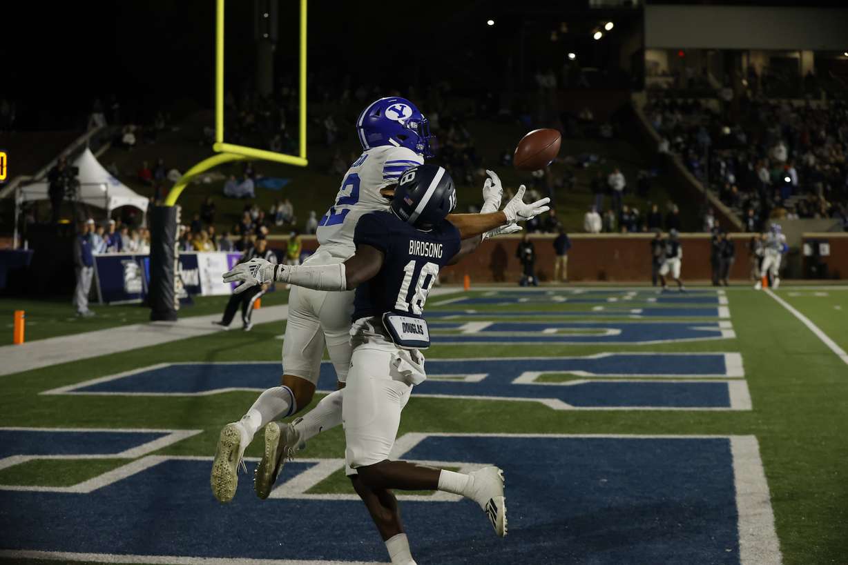 BYU receiver Puka Nacua hauls in a touchdown catch during the Cougars' road game at Georgia Southern, Saturday, Nov. 20, 2021 in Statesboro, Ga.