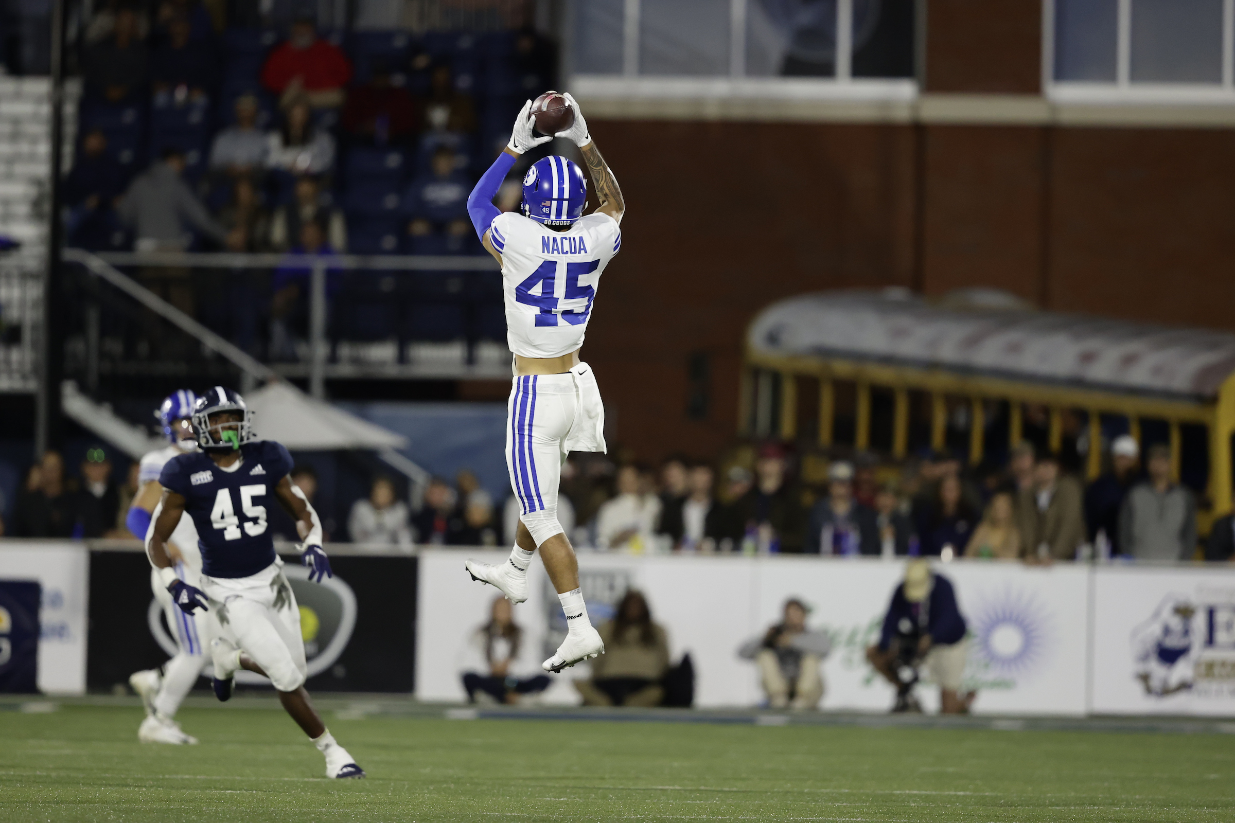 BYU receiver Samson Nacua high points a ball during the Cougars' road game at Georgia Southern, Saturday, Nov. 20, 2021 in Statesboro, Ga.