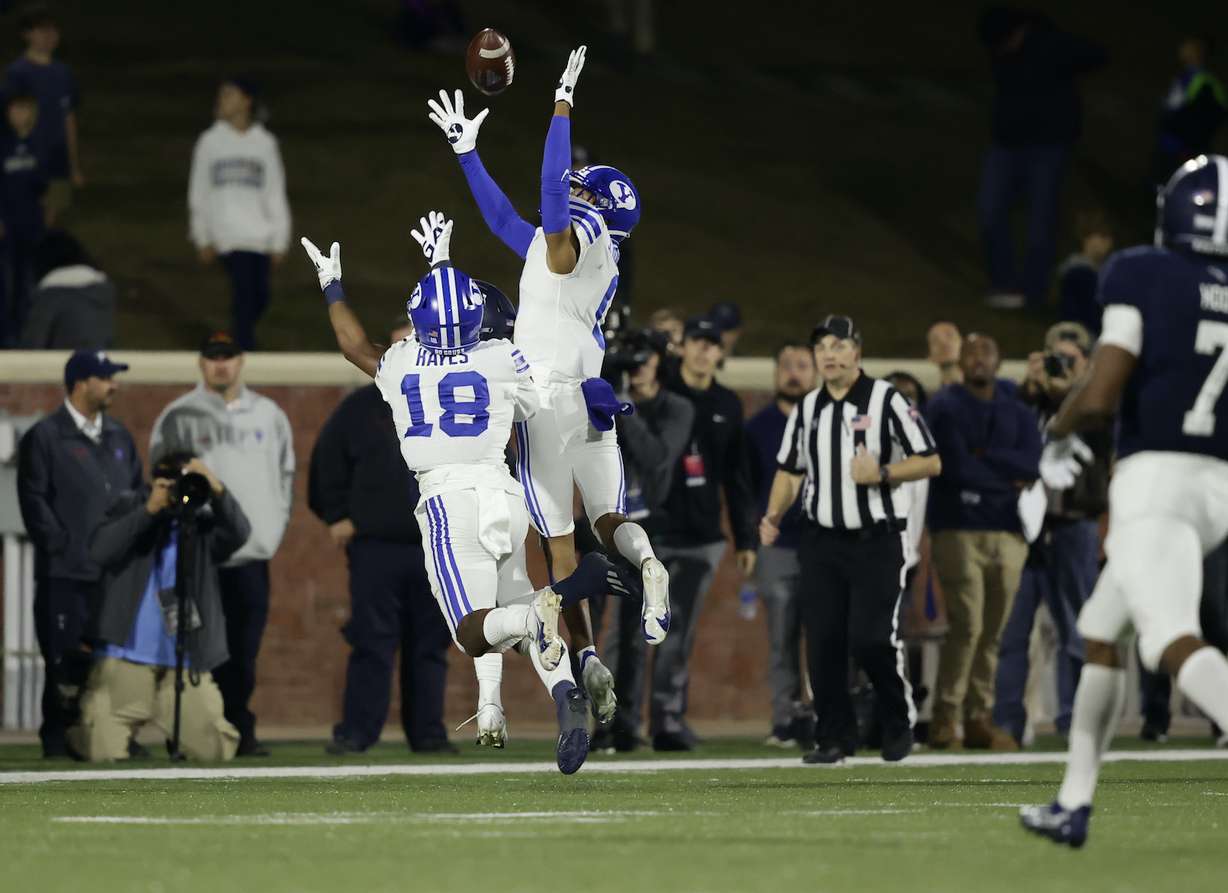 BYU cornerback Jakob Robinson intercepts a pass during the Cougars' road game at Georgia Southern, Saturday, Nov. 20, 2021 in Statesboro, Ga.