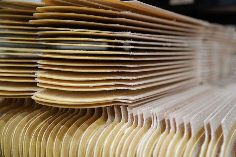 A pile of wood cores are pictured at WNDR Alpine, a
local ski company that uses algae-based bioplastics to replace
plastics used in ski construction, in Salt Lake City on Friday.