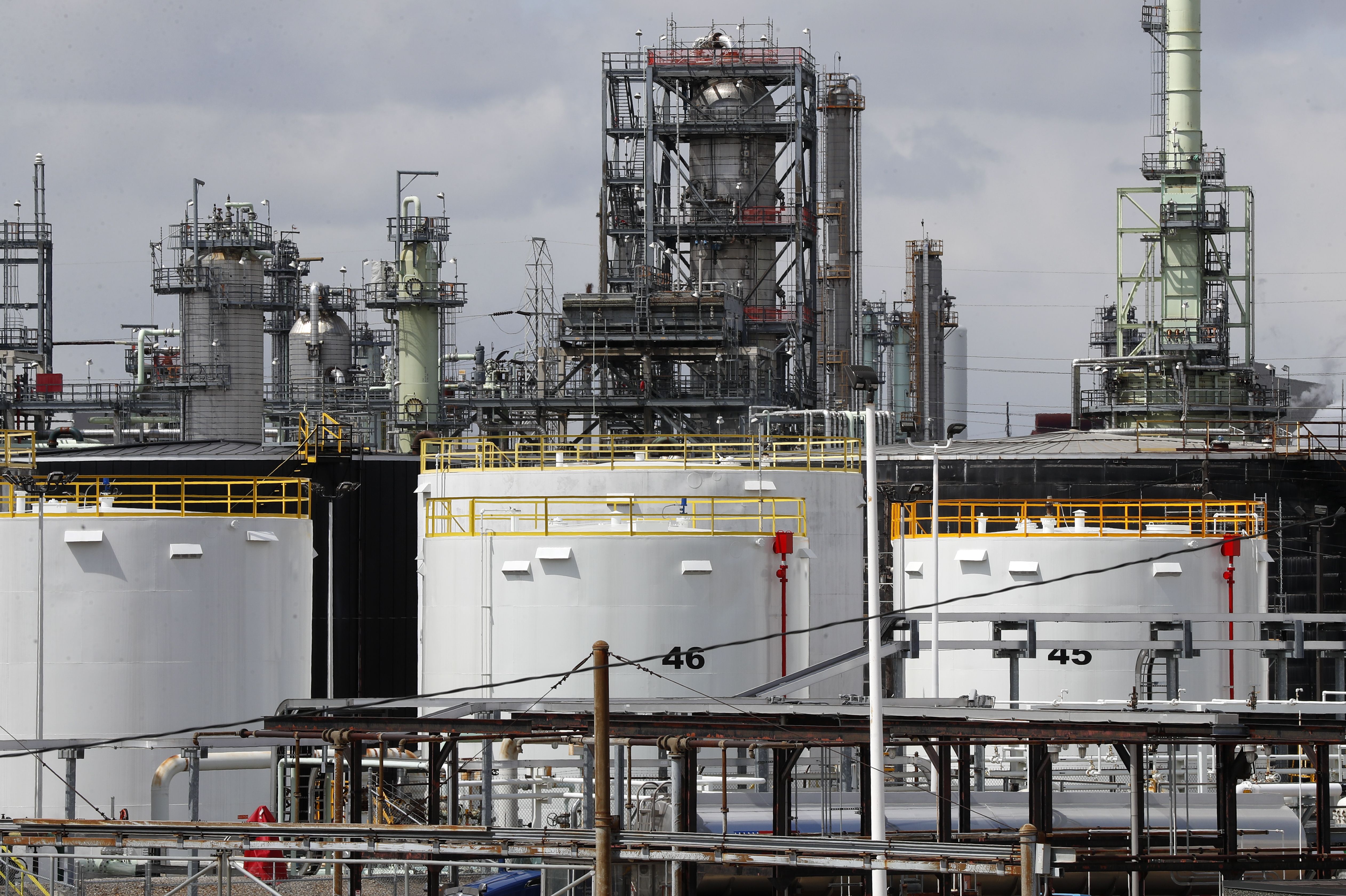 Storage tanks are shown at a refinery in Detroit, April 21, 2020. The White House on Tuesday said it had ordered 50 million barrels of oil released from strategic reserve to bring down energy costs.
