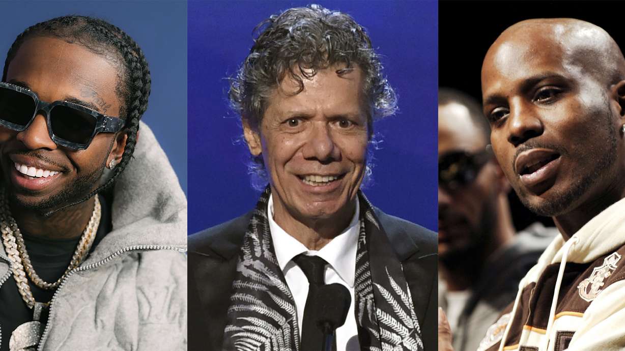 This combination of photos shows a portrait of rapper Pop Smoke, who was killed in 2020, left, jazz pianist Chick Corea, who died earlier this year and rapper DMX, who died earlier this year. Pop Smoke earned a posthumous Grammy nomination as a contributor on Kanye West's “Donda,” which is nominated for album of the year. Corea has four nominations this year in the jazz, Latin jazz and classical categories and DMX earned a Grammy nomination for best rap song for “Bath Salts," featuring Jay-Z and Nas, which was released after his death.