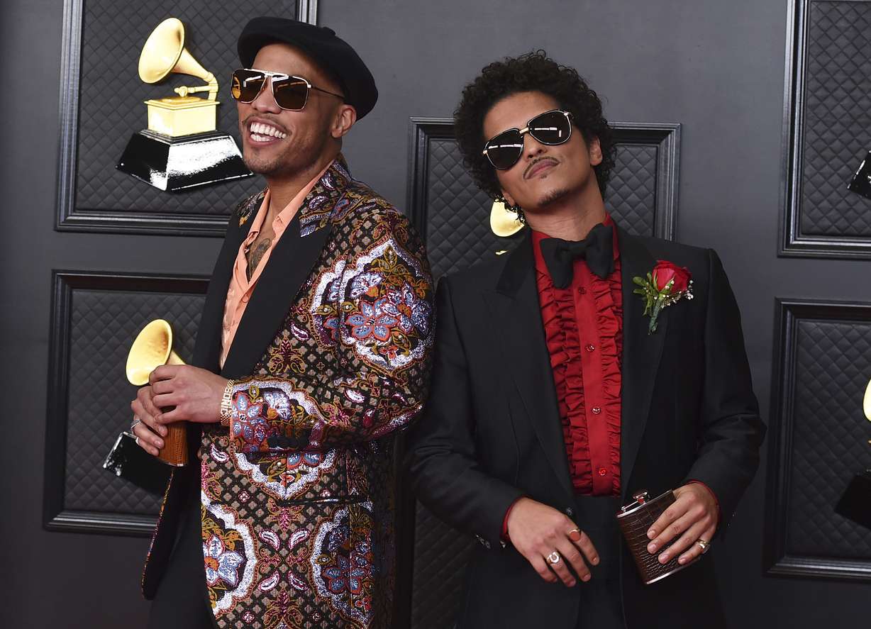 Anderson .Paak, left, and Bruno Mars, of the duo Silk Sonic, appear at the 63rd annual Grammy Awards in Los Angeles on March 14, 2021. The duo earned four Grammy nominations including record of the year, song of the year, best R&B song and best R&B performance.