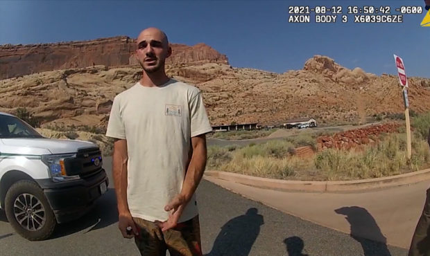 Bodycam footage from the Moab Police Department that shows them talking with Brian Laundrie on Aug. 12. Gabby Petito and Laundrie, her boyfriend, were pulled over by police and talked to separately. She was later found dead in Wyoming, and he died by suicide in Florida.
