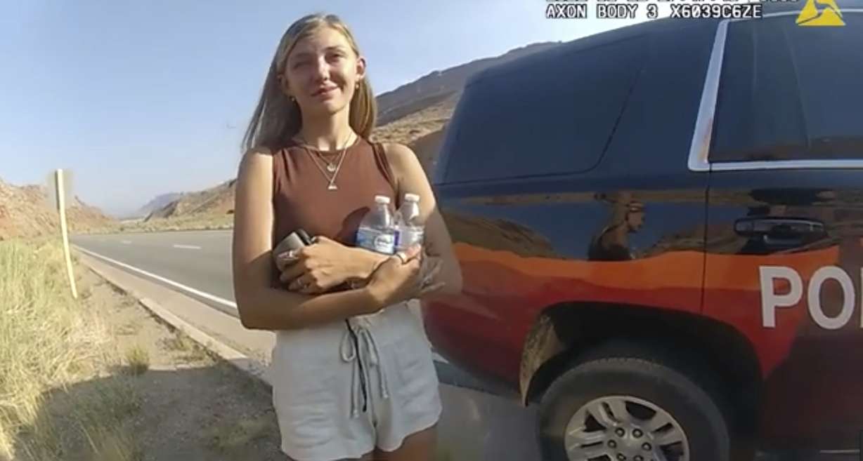 This police camera video provided by Moab police shows Gabrielle "Gabby" Petito talking to a police officer after police pulled over the van she was traveling in with her boyfriend,