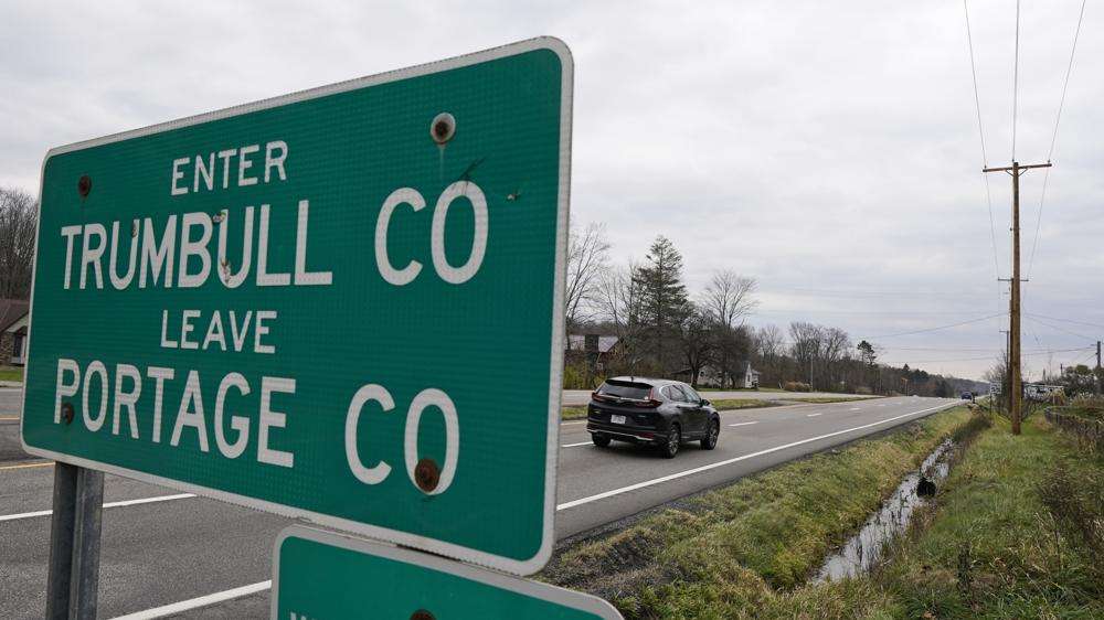 A car enters Trumbull County, Wednesday, in this photo from Nov. 17, 2021, near Warren, Ohio. Three retail pharmacy chains recklessly distributed massive amounts of pain pills in two Ohio counties, a federal jury said Tuesday, Nov. 23, 2021, in a verdict that could set the tone for U.S. city and county governments that want to hold pharmacies accountable for their roles in the opioid crisis.