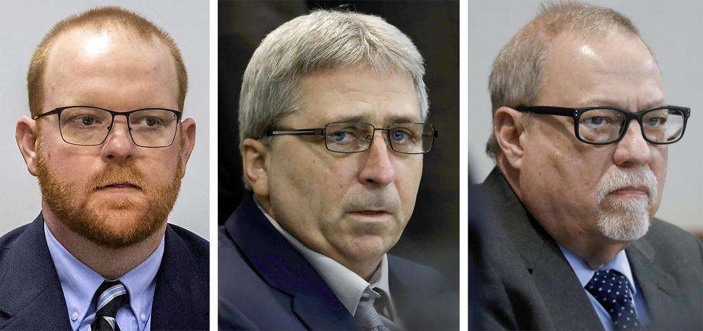 This photo combo shows, from left, Travis McMichael, William "Roddie" Bryan, and Gregory McMichael during their trial at at the Glynn County Courthouse in Brunswick, Ga. Jurors on Wednesday convicted the three white men charged in the death of Ahmaud Arbery, the Black man who was chased and fatally shot while running through their neighborhood in an attack that became part of the larger national reckoning on racial injustice.