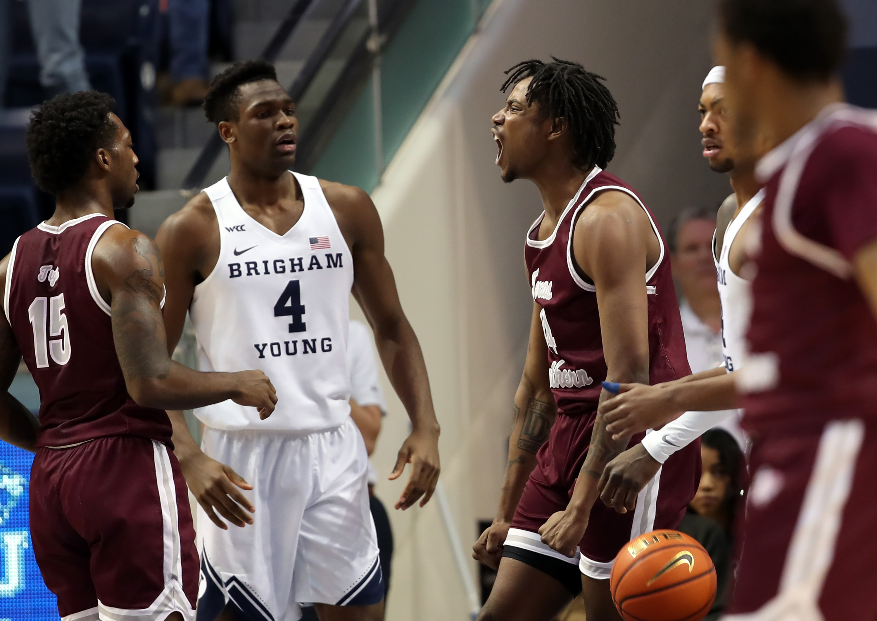 Texas Southern Tigers forward Brison Gresham (44) screams after a dunk as BYU and Texas Southern play an NCAA basketball game at the Marriott Center in Provo on Wednesday, Nov. 24, 2021. BYU won 81-64.