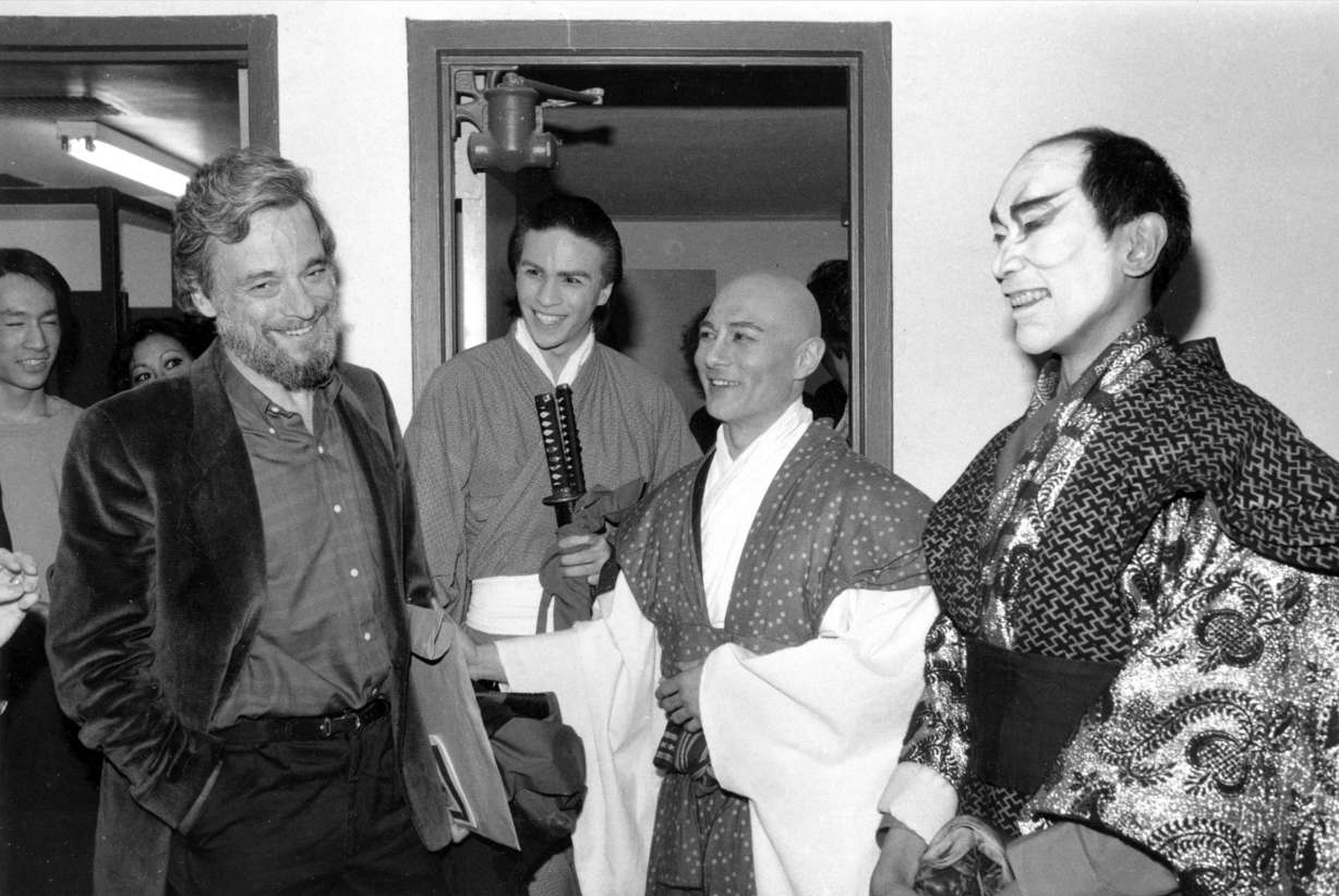 Composer-lyricist Stephen Sondheim, left, is shown with cast members of "Pacific Overtures" after the closing performance of the revival musical at New York's Church of the Heavenly Rest at York Theater, April 14, 1984. The actors are, from left, Kevin Gray, Ernest Ababa, and Tony Marino.