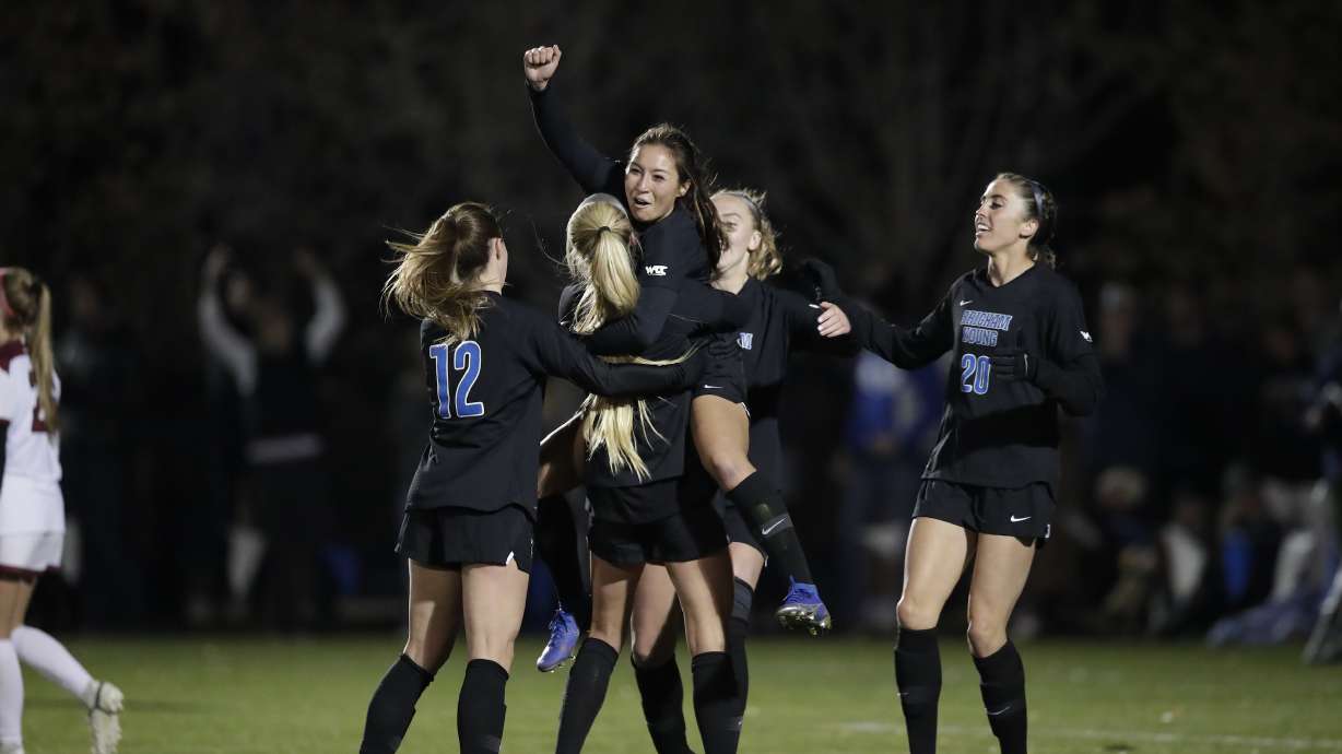 BYU forward Mikaylie Moore celebrates a goal against South Carolina during an Elite Eight match in the NCAA Tournament, Saturday, Nov. 27, 2021 at South Field in Provo.